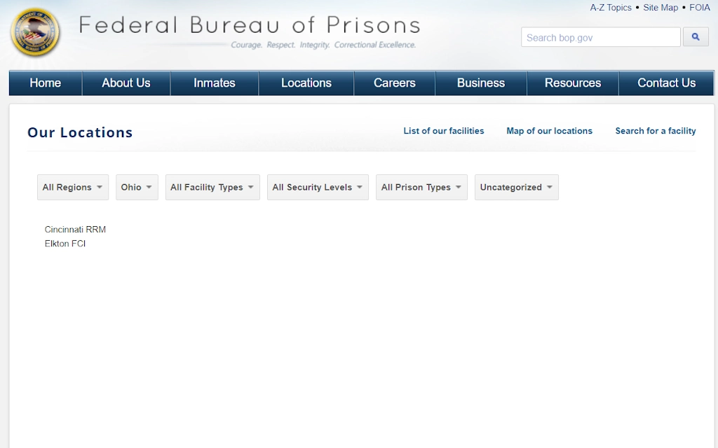 Federal Bureau of Prisons database showing Ohio detention center locations including Cincinnati and Elkton for contacting law enforcement during a request of a free warrant search in Ohio..