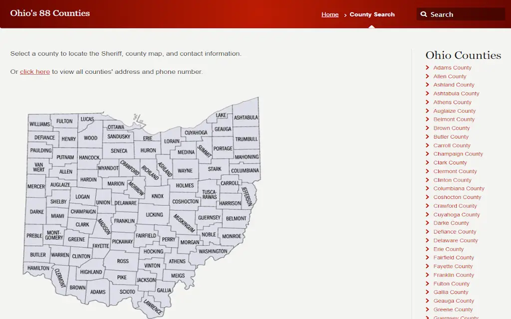 Map of Ohio counties with contact information for obtaining records from each county clerk office during a free Ohio divorce records search request.