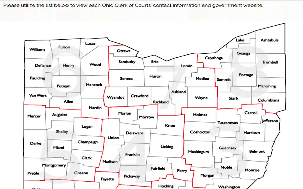 Graphic display of Ohio counties with county borders outlined showing the location of county clerk offices for contacting during a request of free marriage records in Ohio.