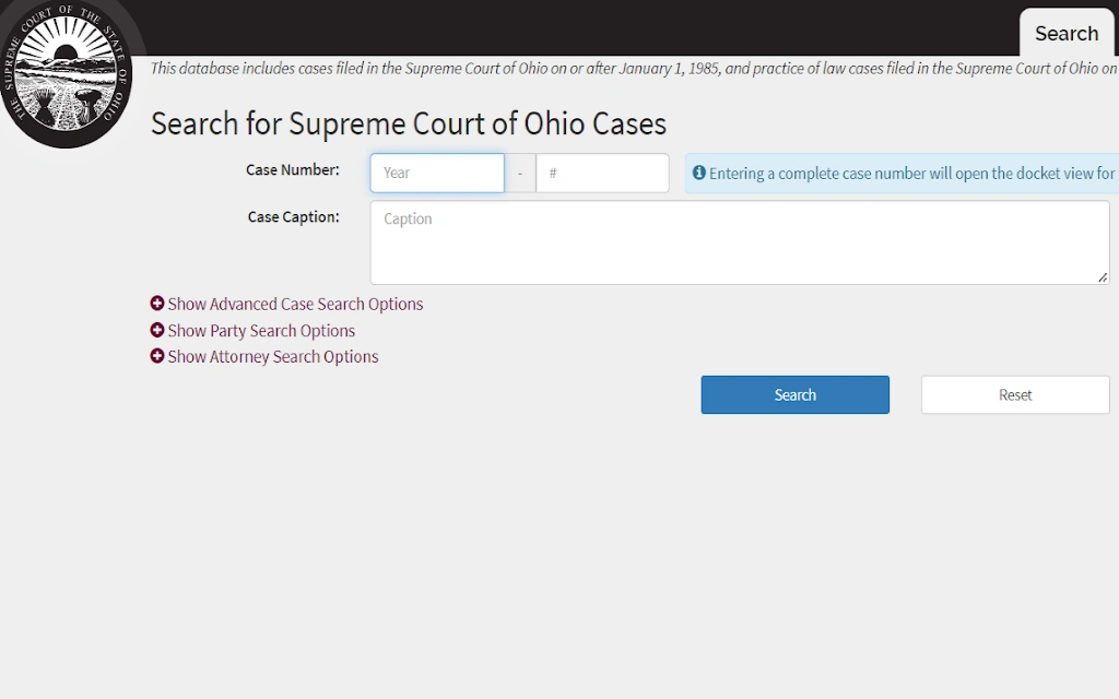 Ohio Supreme Court case search portal requiring case number and year of occurance.