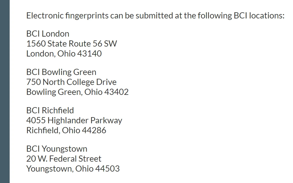 A screenshot of four BCI locations for electronic fingerprints from the Ohio Attorney General includes BCI London, BCI Bowling Green, BCI Richfield, and BCI Youngstown, including their addresses. 