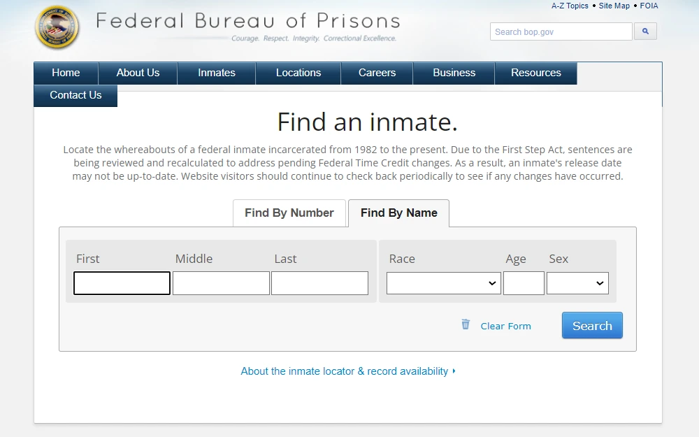 A screenshot from the Federal Bureau of Prisons showing the available options to search for an inmate in custody: Find by name and Find by number; to find by name, the researcher must input the offender's full name, race, age, and sex to narrow the result, the Bureau's logo at the top left corner.