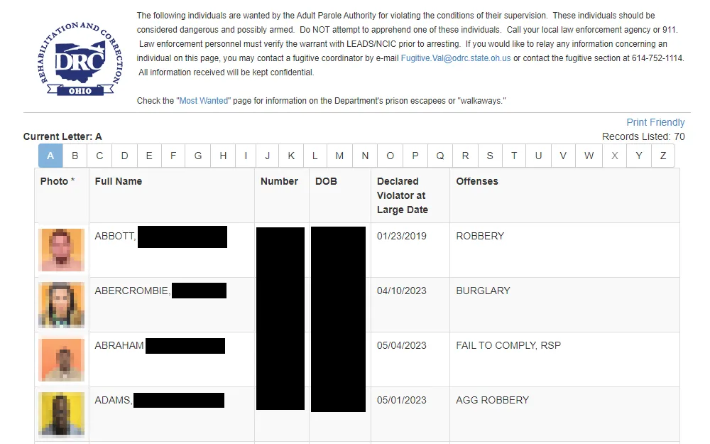 Screenshot of the list of fugitives from the Ohio Department of Rehabilitation and Correction with the offenders' full name, mugshot, number, DOB, declared violator at the large date, and the offense, sorted alphabetically; the Department's logo at the top left corner.