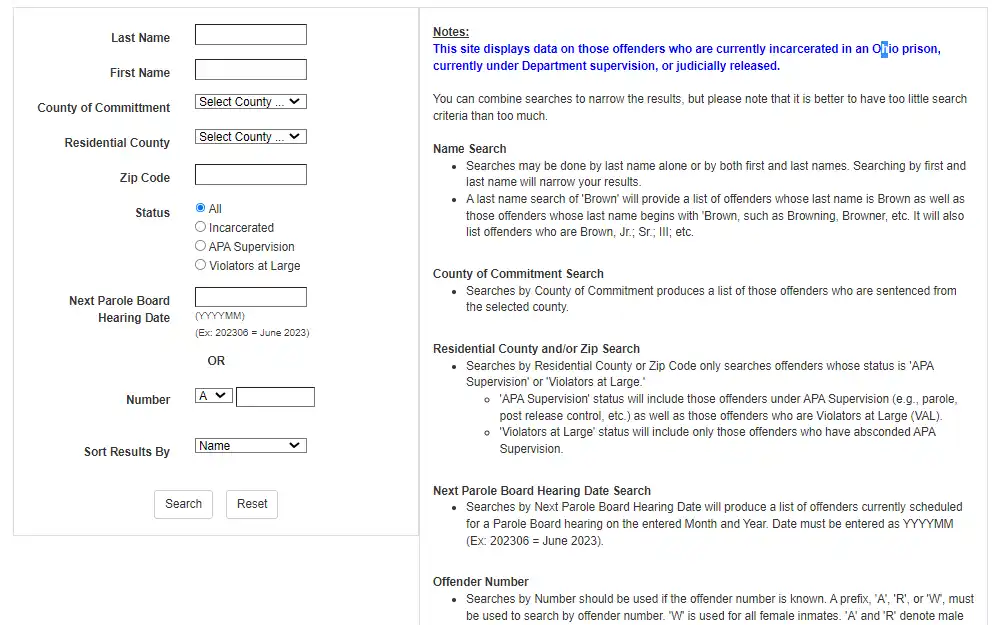 Screenshot of the free platform to search for the inmate in prisons from the Ohio Department of Rehabilitation and Correction with the required fields, offender's full name, country of commitment, residential address, status, next parole board hearing date and number, and an option to sort the result. 