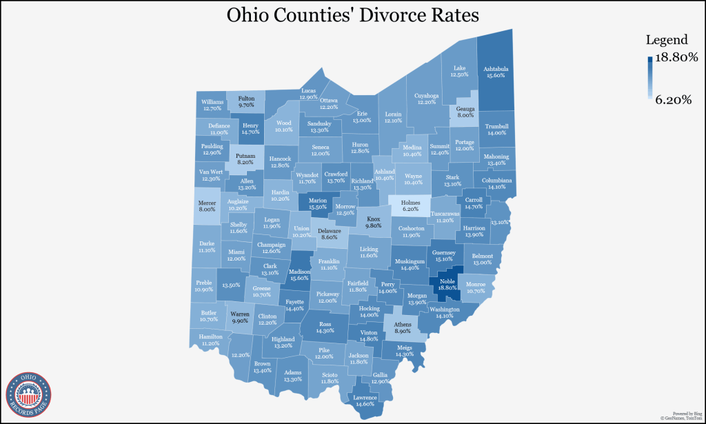 An image showing Ohio's map presenting the divorce rates (5-year estimates per county. 
