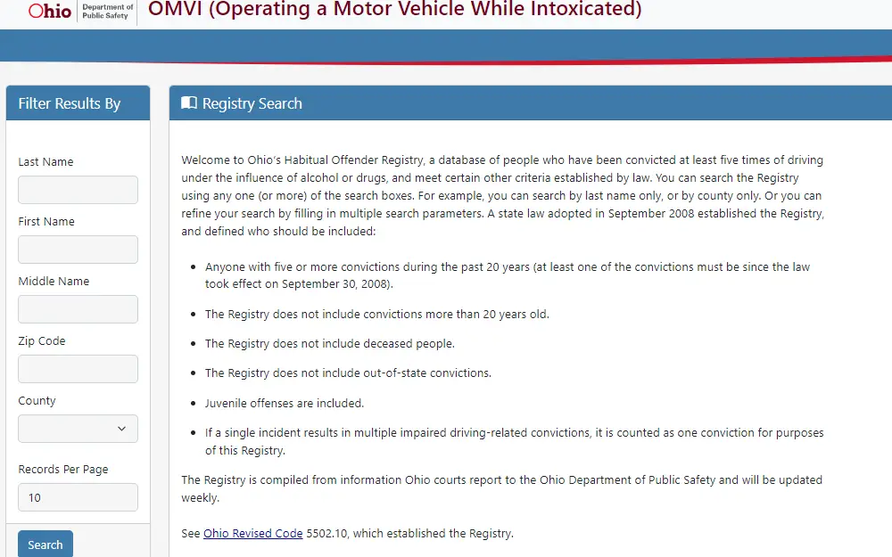 A screenshot of Ohio's Habitual Offender Registry from the Ohio Department of Public Safety shows the required fields to filter the result, which includes full name, ZIP code, and county from the drop-down box.