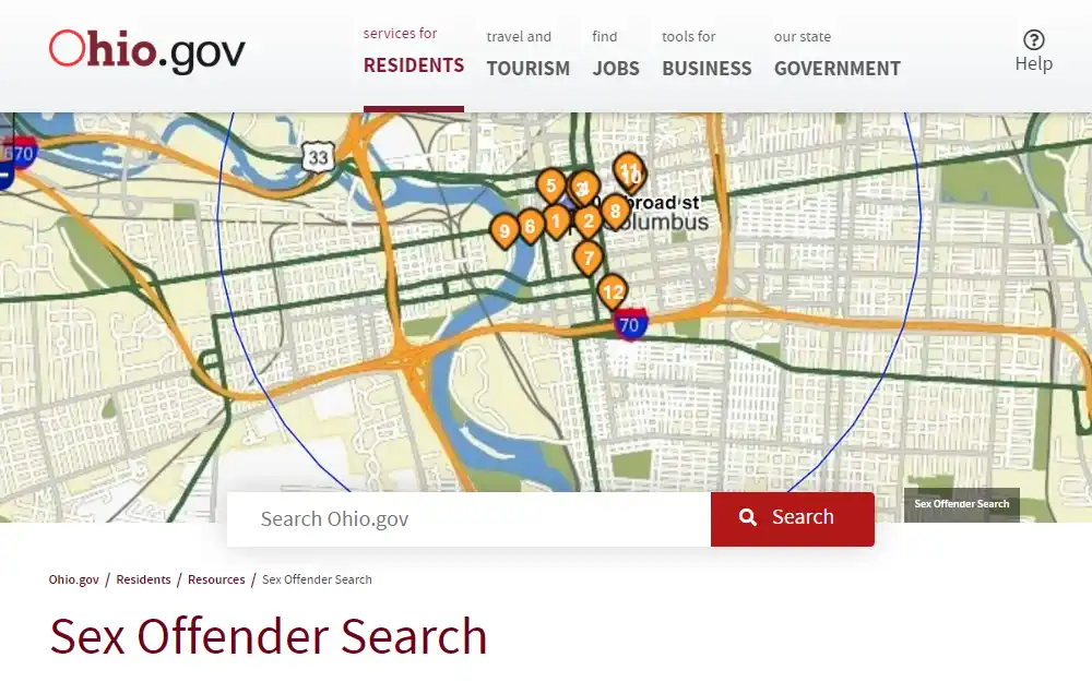 A screenshot of the Sex Offender online directory of the Ohio Government, with a search bar to search for more information inside the Government website.