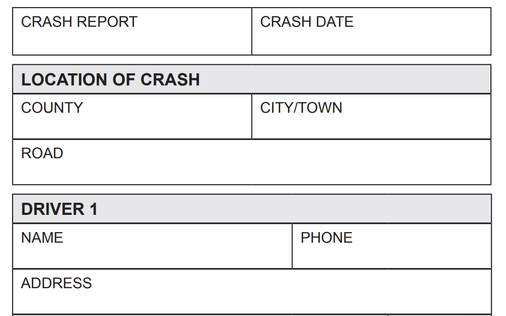 A screenshot of the form from Ohio Highway Patrol's crash report showing the needed field to file a record request, including the crash date, locations, name, contact numbers, and address of the persons involved. 