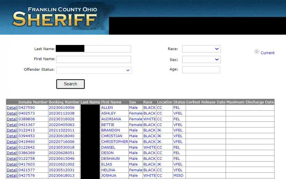 A screenshot of the search result from Franklin County Sheriff shows the inmates' details, including the inmate number, booking number, full name, sex, race, location, and status.