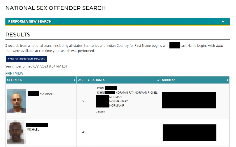 A screenshot of the three search results from the National Sex Offender Public Website, which includes the inmates' full names, mugshots, ages, aliases, and addresses.