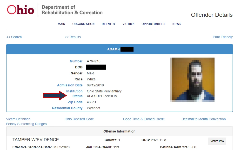 A screenshot from the Ohio Department of Rehabilitation and Correction showing the offender's details, which include full name, number, DOB, gender, race, admission date, institution, status, zip code, and offense information, including the offender's mugshot at the right side an arrow pointing the status- APA supervision.