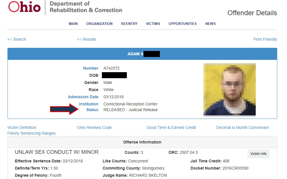 A screenshot from the Ohio Department of Rehabilitation and Correction showing the offender's details, which include full name, number, DOB, gender, race, admission date, institution, status, zip code, and offense information, including the offender's mugshot at the right side an arrow pointing the status- Released.