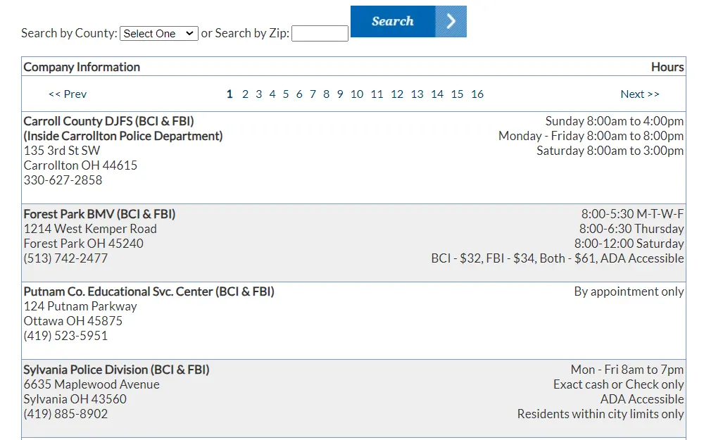 A screenshot from Ohio Attorney General BCI showing the Webcheck locations search page, the searcher must select the county or ZIP code to display the community listing in the area to give the data regarding its locations and contact details.