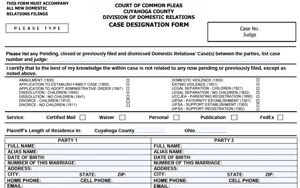 A screenshot of the form that is used for marriage dissolution with children.