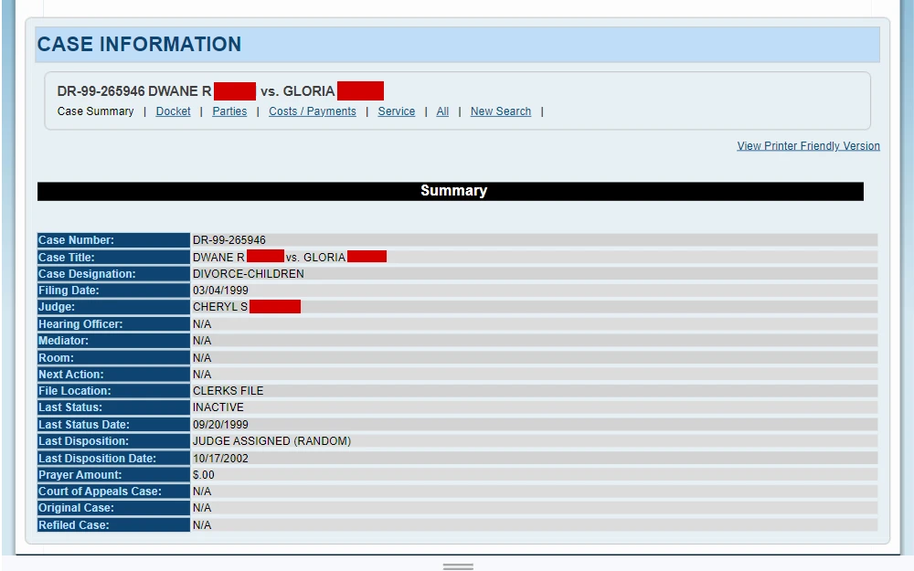A screenshot of the search tool where individuals can view divorce details from Cuyahoga County.