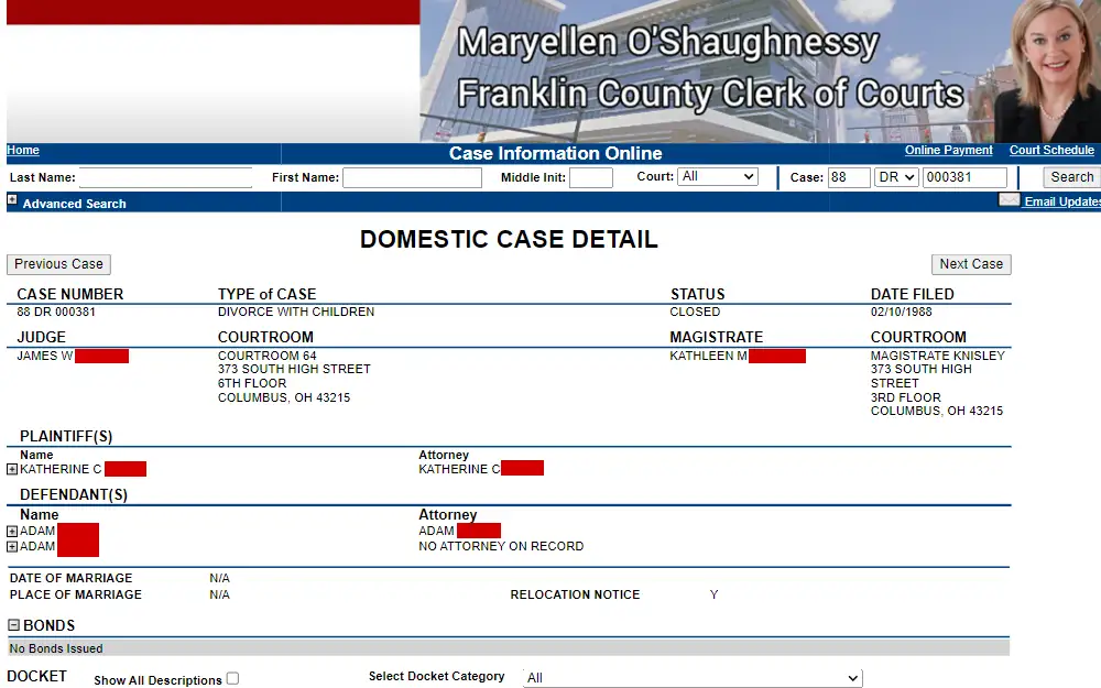 A screenshot of the search tool where record seekers can view divorce case details for free.