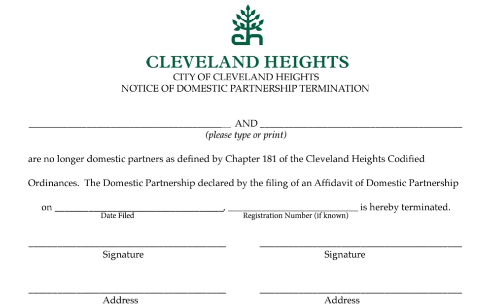A screenshot of the form that is used for termination of a domestic partnership.