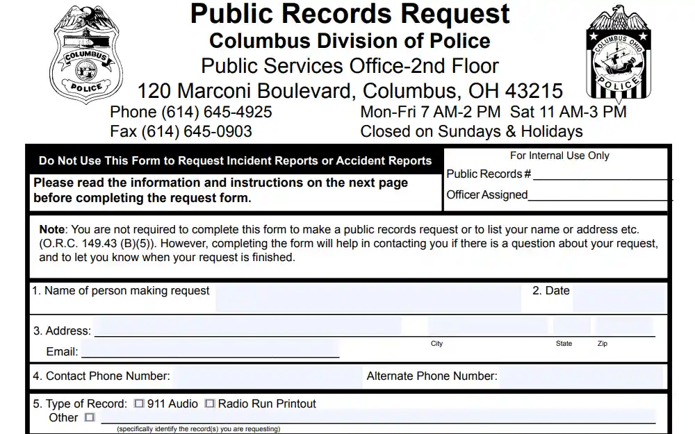 A screenshot of the "Public Record Request Form" from the Columbus Division of Police requires input of the requester's basic information, including full name, address, contact information and type of document requested. 