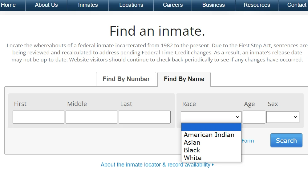 Screenshot of the inmate search tool by name displaying the contents of the race drop down menu.