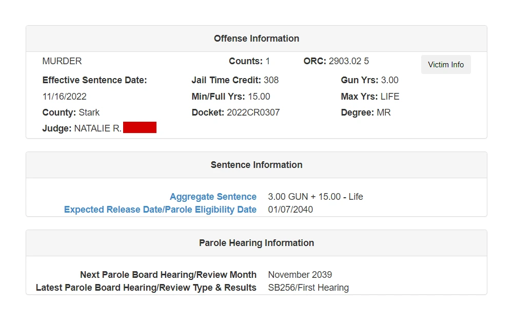 A screenshot of an inmate information displaying the offense, sentence, and parole hearing information.