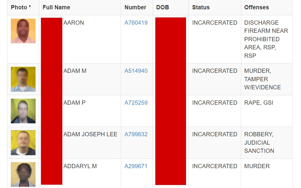 Screenshot of the offender search results listing the inmates' mugshots, full names, numbers, birthdates, status, and offenses.