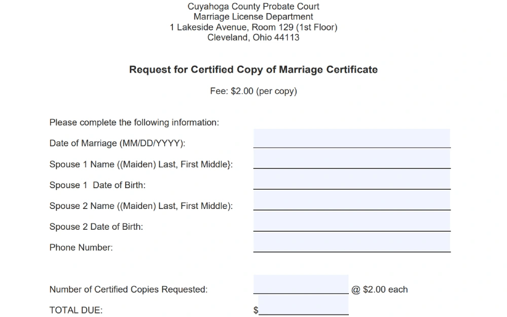 A screenshot form requesting a certified copy of a marriage document, with fields for the marriage date, names and birth dates of both parties, contact number, and the number of copies desired, including the fee per copy.