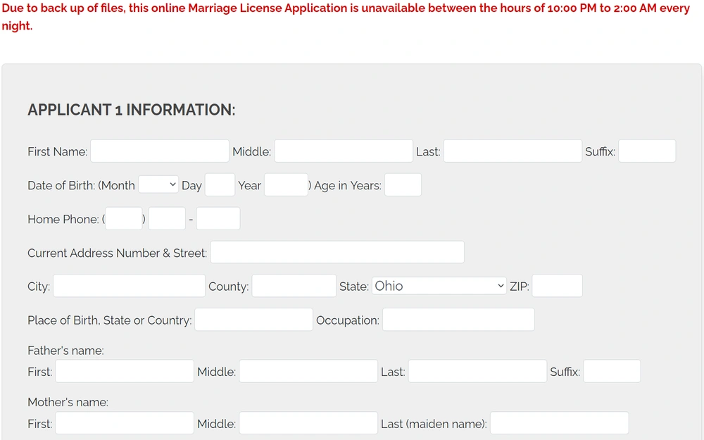 A screenshot online form for an application requiring personal details such as first and last names, date of birth, home phone, address, place of birth, occupation, and parents' names.