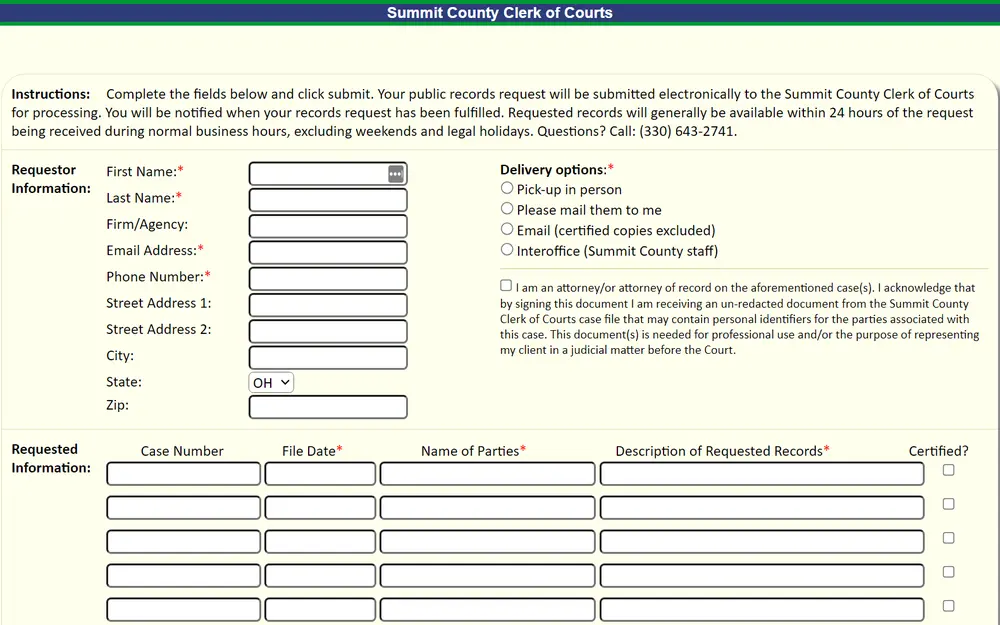 A screenshot of an online form from the Summit County Clerk of Courts detailing personal information, case details, and preferred delivery method, with a notification that the request will be processed and completed within 24 business hours.