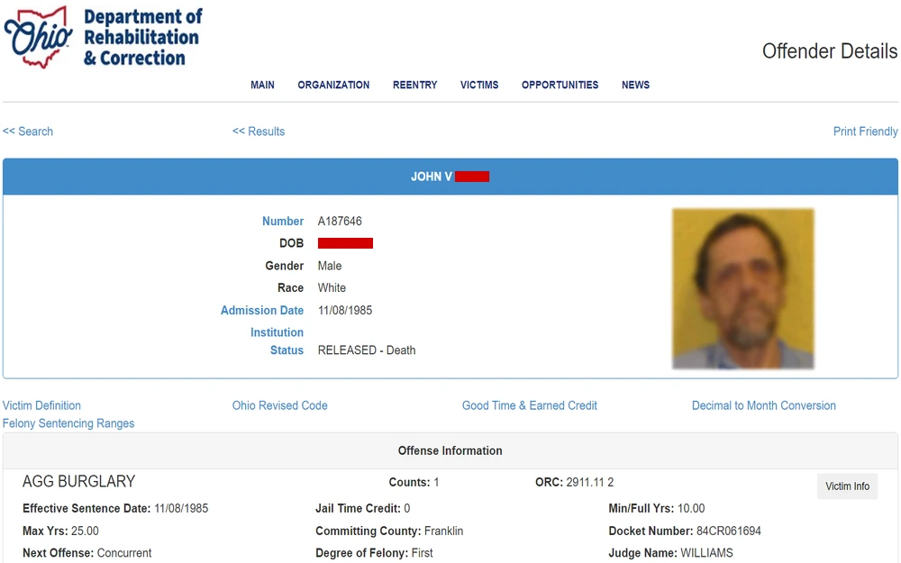 A screenshot from the Department of Rehabilitation and Correction displaying the offender's photo, personal data like date of birth and race, and legal information including his offense, sentence date, and release status due to death.