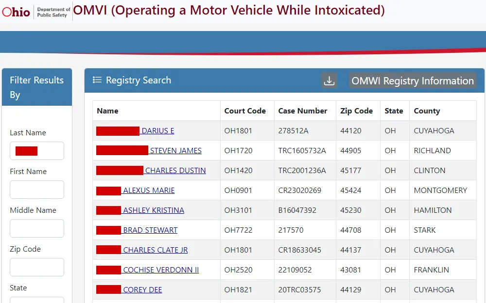 A screenshot of Ohio's Habitual Offender Registry from the Ohio Department of Public Safety shows the required fields to filter the results and the search results, including the name, court code, case number, zip code, state, and county.