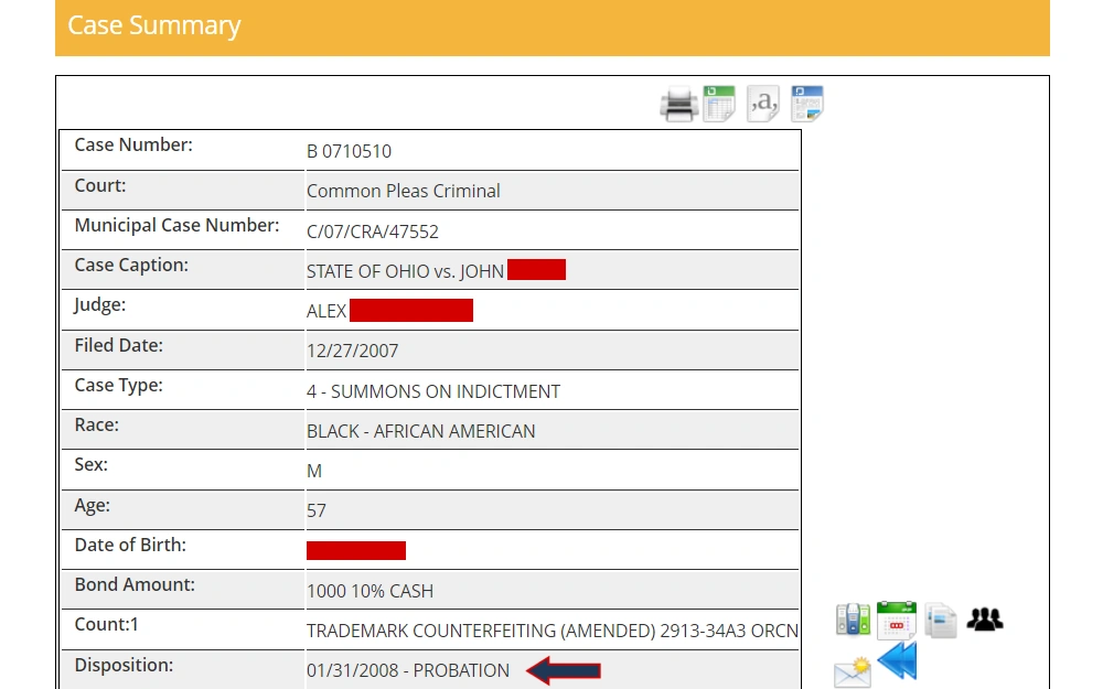 A screenshot of a case summary from the Hamilton County Clerk of Courts displays the case number, court, municipal case number, case caption, judge, filed date, case type, offender's race, sex, age, and date of birth, bond amount, offense count, and disposition.