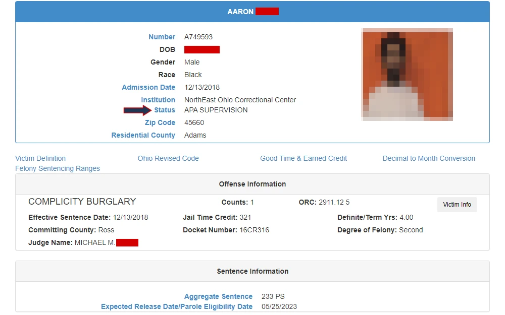 A screenshot from the Ohio Department of Rehabilitation and Correction displays an offender's details in three sections: personal, offense, and sentence information, with their mugshot on the right side of the first section.